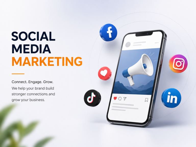 Social media marketing services with smartphone, social media icons, and digital engagement strategy.