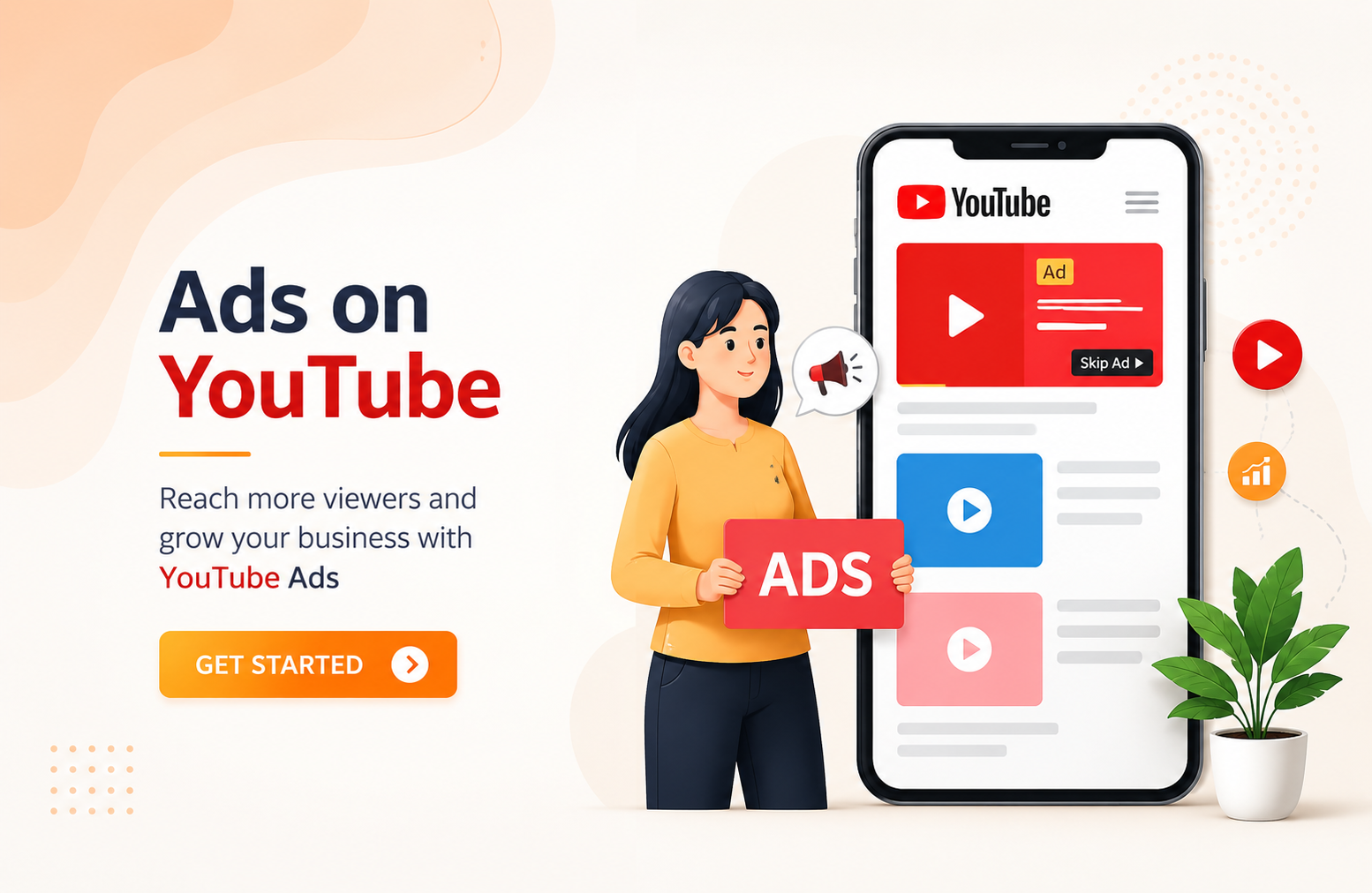 YouTube advertising illustration featuring a smartphone with a YouTube video ad, target audience icons, performance analytics, conversion growth, and digital advertising elements.