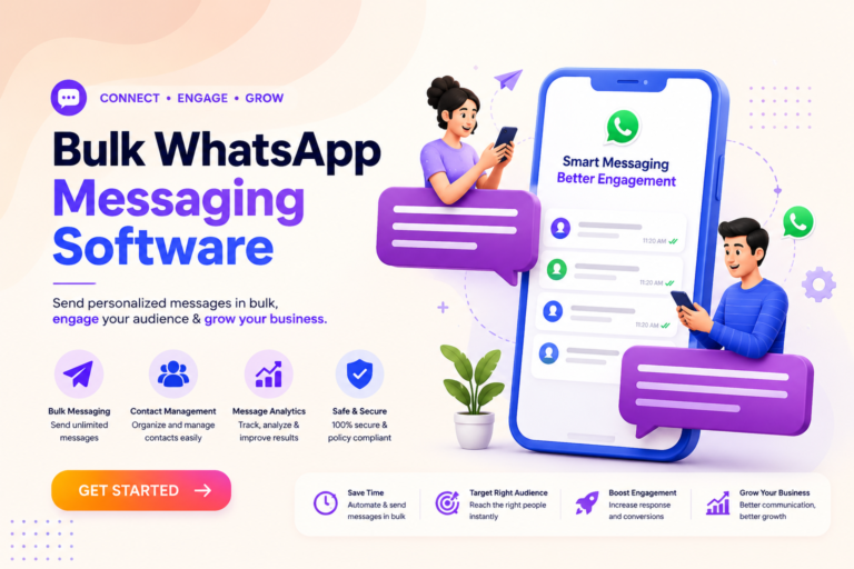 Bulk WhatsApp messaging software with a smartphone, chat bubbles, contact management, analytics, and secure messaging features.