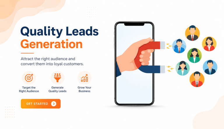 Quality Leads Generation illustration showing a smartphone, lead magnet attracting potential customers, and business growth icons.