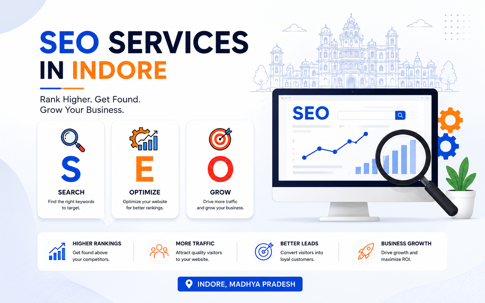 SEO Services in Indore with search, optimization, and business growth strategy illustration