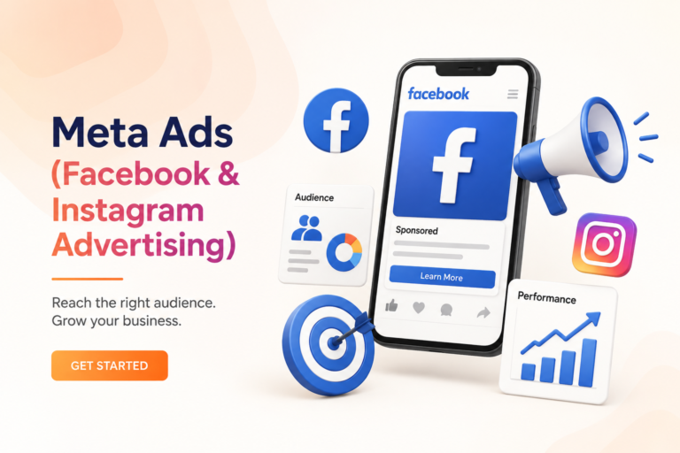 Meta Ads (Facebook & Instagram Advertising) illustration featuring a smartphone, Facebook and Instagram icons, target audience analytics, performance charts, and a digital marketing megaphone.