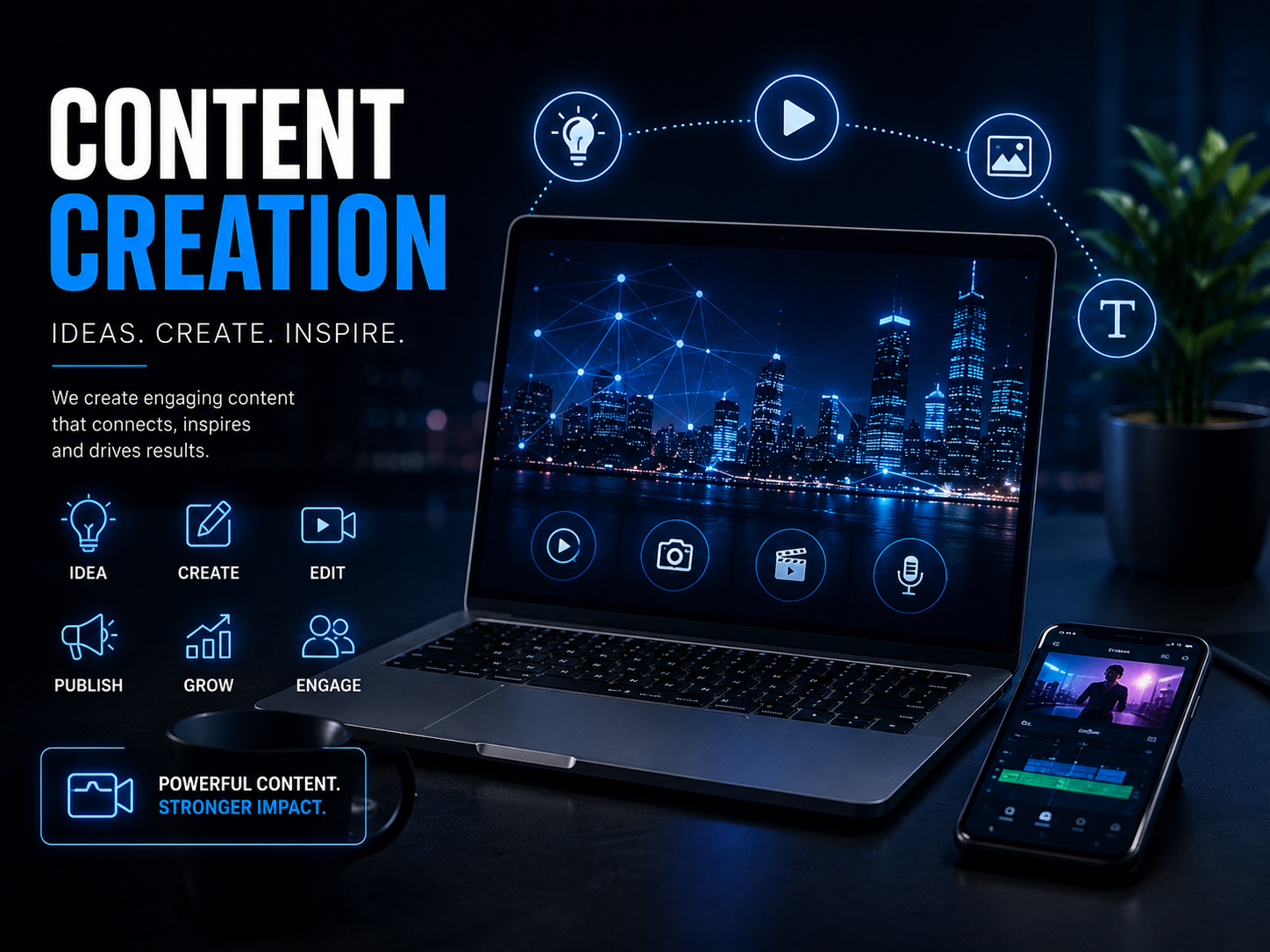 Content creation services with creative strategy, video editing, publishing, social media engagement and digital growth