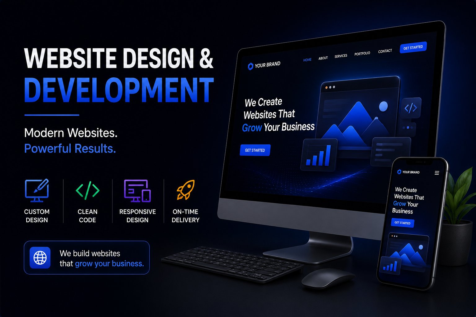 Website design and development services with responsive desktop and mobile website design on a modern dark background.
