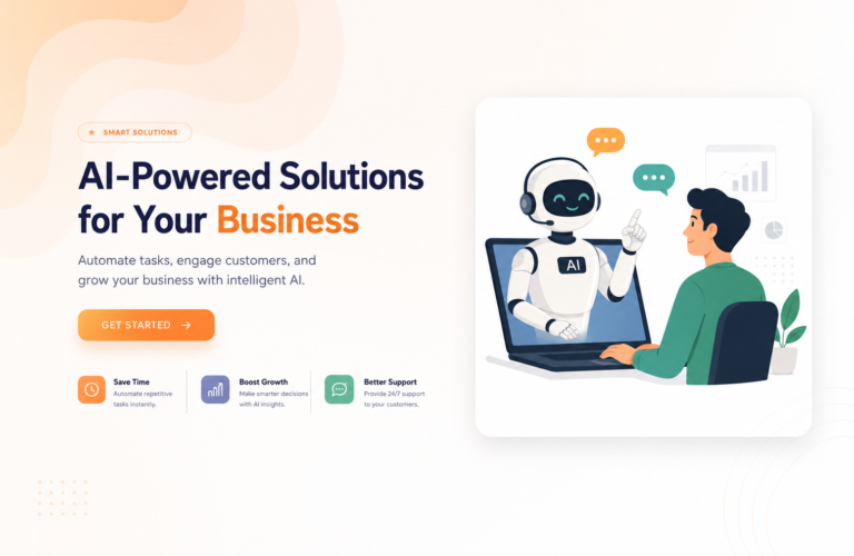 AI-powered business solutions with a customer interacting with an AI assistant on a laptop