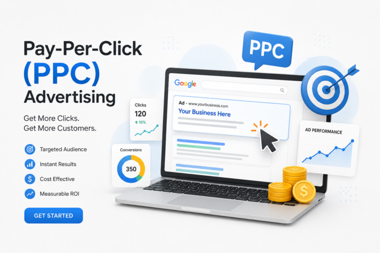 Pay-Per-Click (PPC) advertising illustration showing a laptop with online ads, click analytics, conversion charts, target icons, and PPC marketing elements.