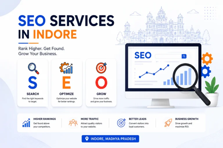 SEO Services in Indore with search, optimization, and business growth strategy illustration