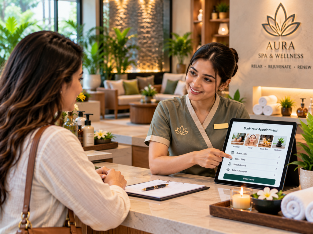 Indian spa receptionist helping a client book a wellness appointment on a tablet