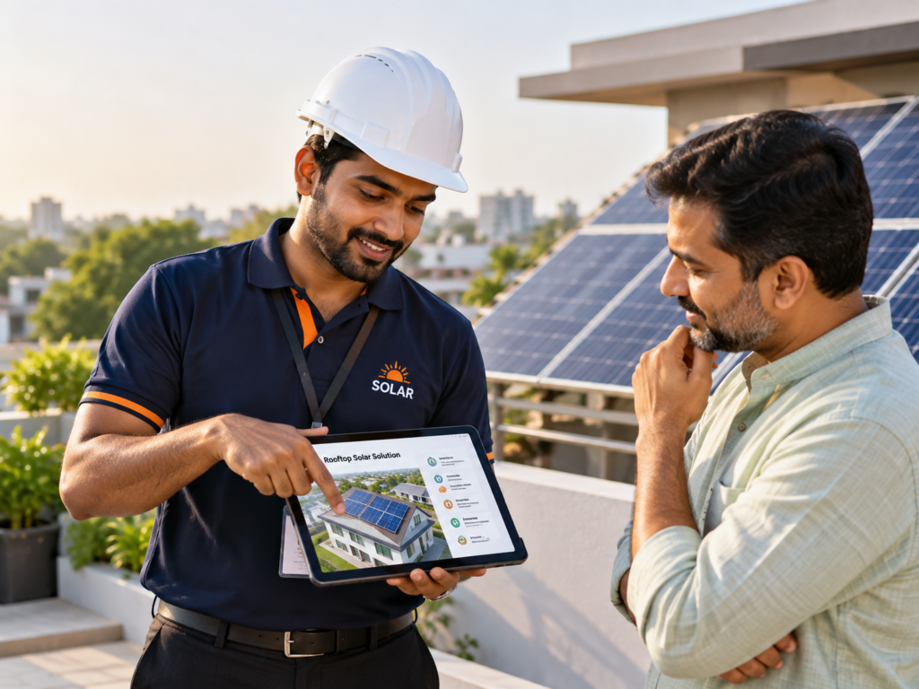 Indian solar consultant showing a rooftop solar layout to a homeowner on a tablet