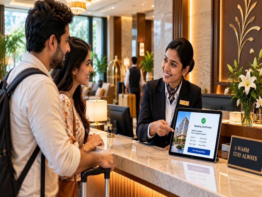 Indian hotel receptionist assisting guests with a digital booking confirmation at the front desk