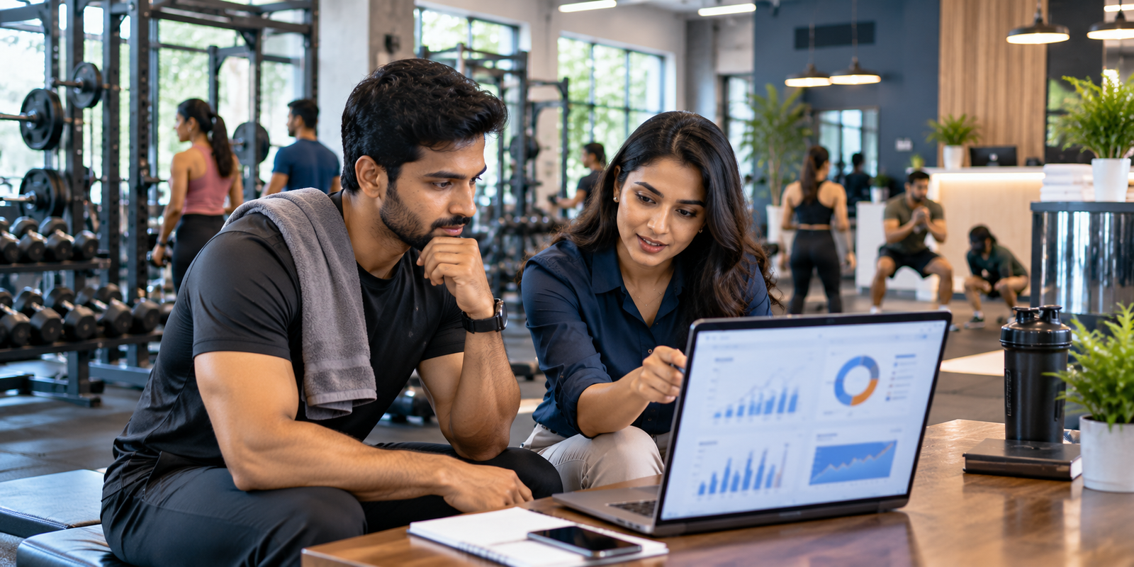 Digital marketing for fitness and sports businesses, gym owner reviewing online analytics in Indore