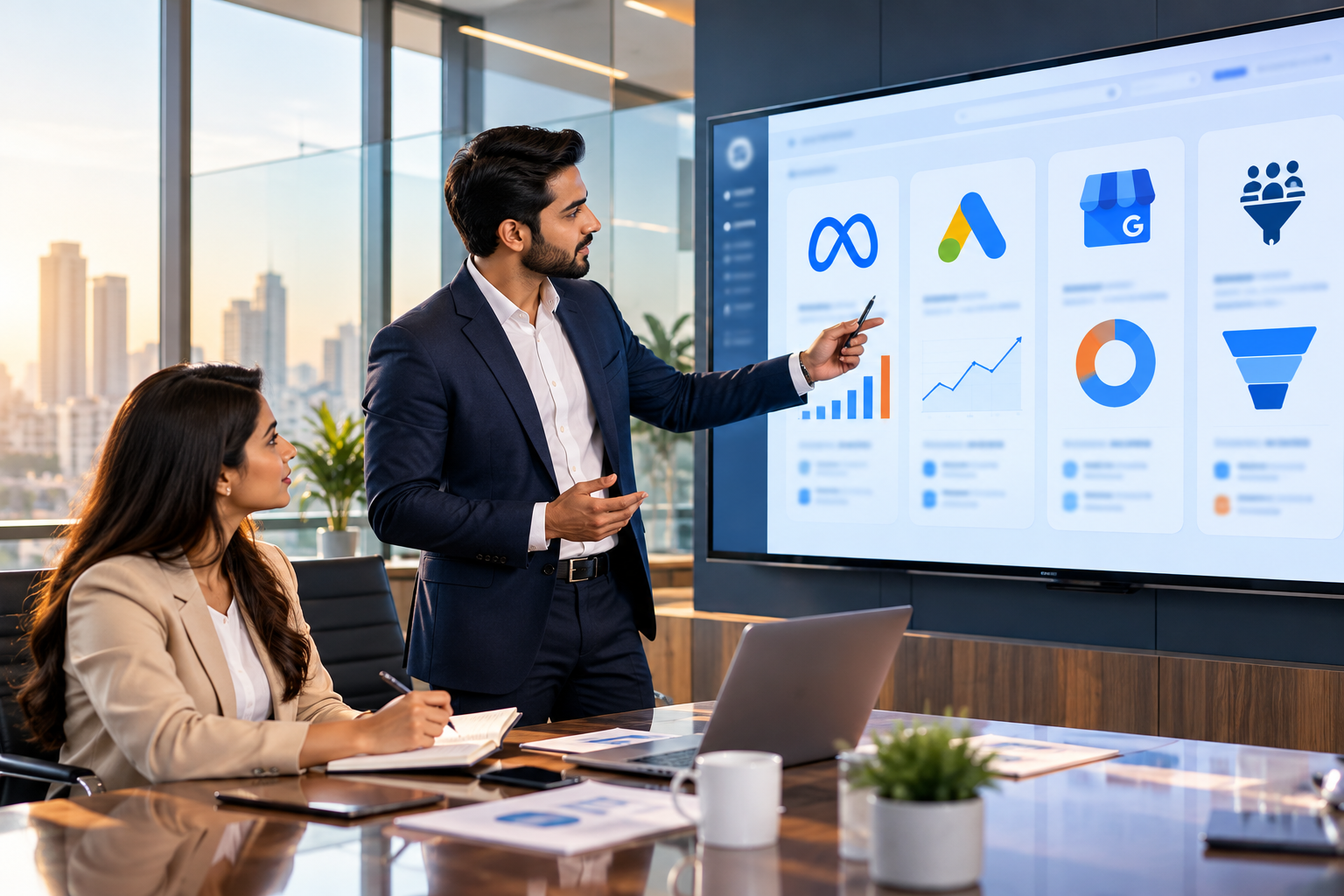 Digital marketing for B2B companies, team reviewing lead generation analytics in an Indian office