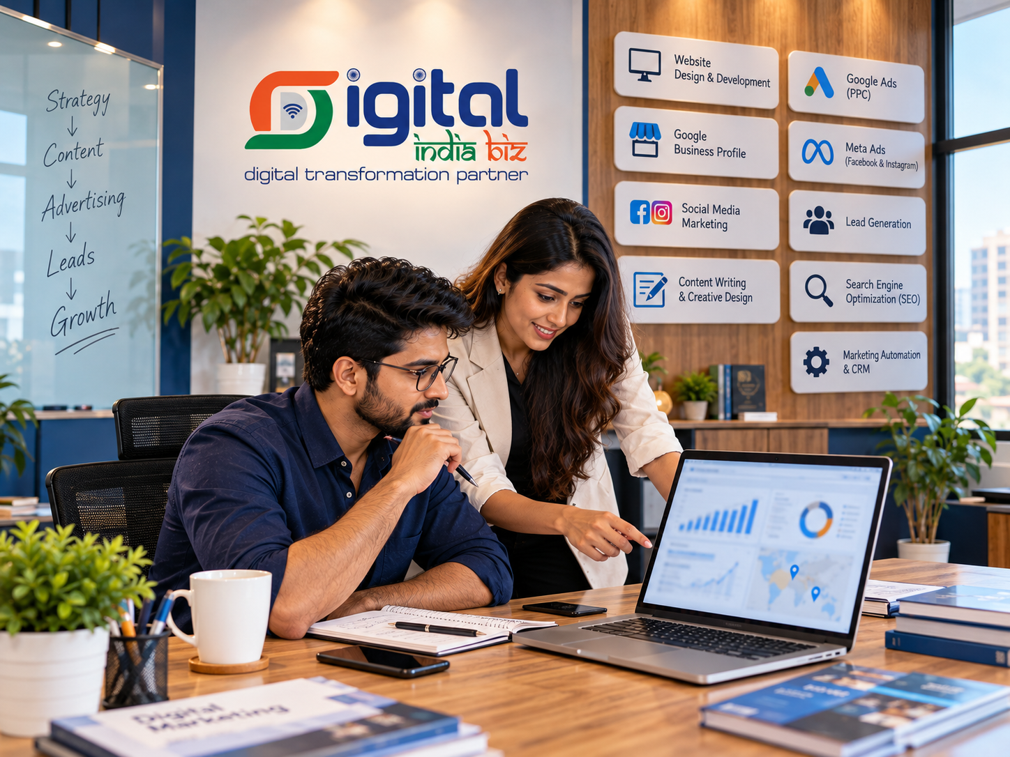 Digital marketing for startups, founder reviewing local promotion analytics and map in an Indian office