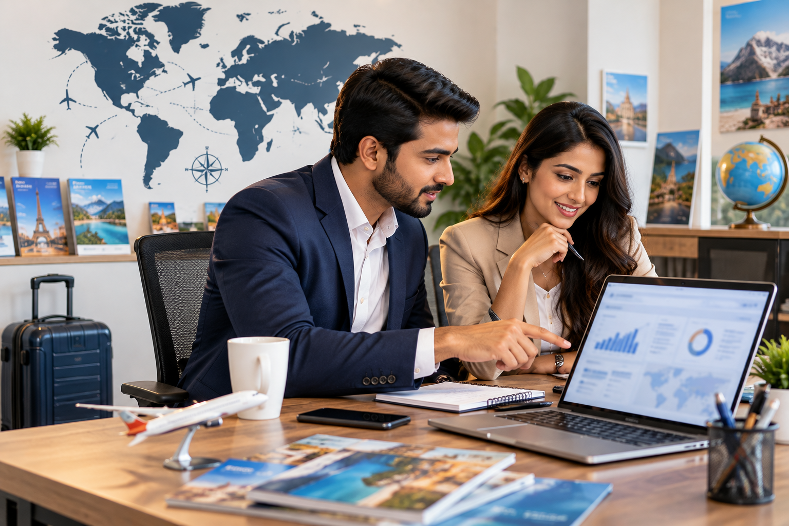 Digital marketing for travel agencies and tourism businesses, team reviewing analytics in an Indian office